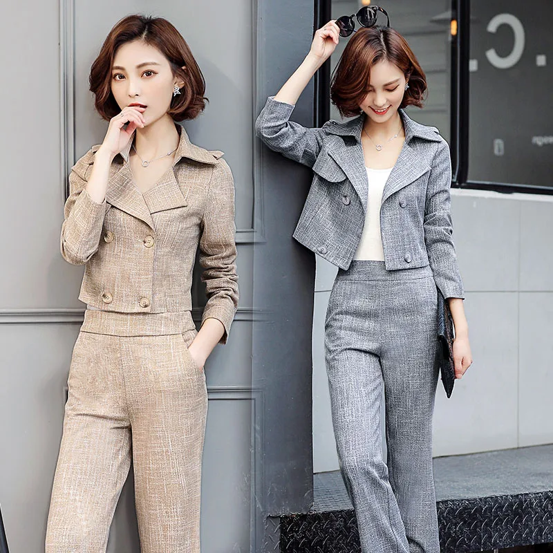 

2018 Spring and Autumn Korean fashion women was thin temperament jacket high waist wide leg pants nine pants Two pieces/set