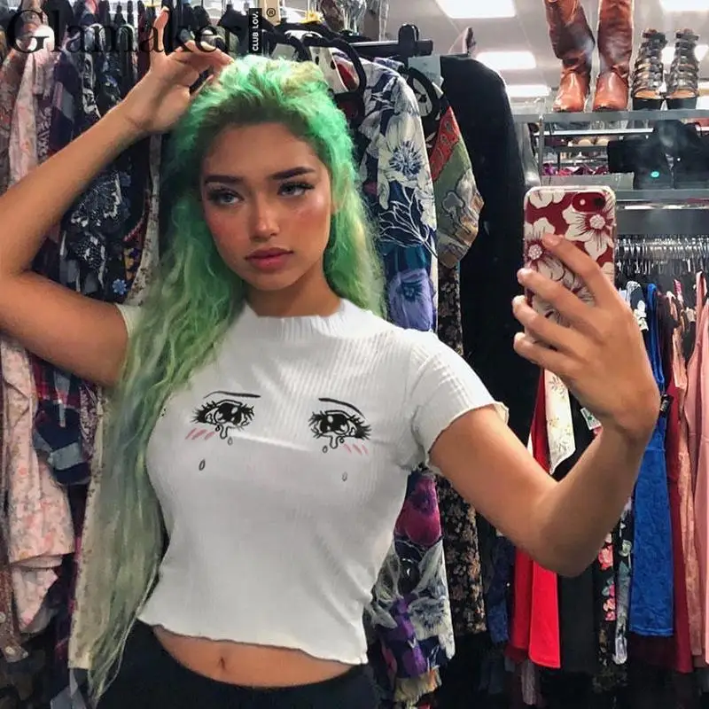 Glamaker Cry print трикотажная Сексуальная облегающая футболка женская летняя Праздничная уличная футболка с круглым вырезом Женская белая футболка Базовая футболка