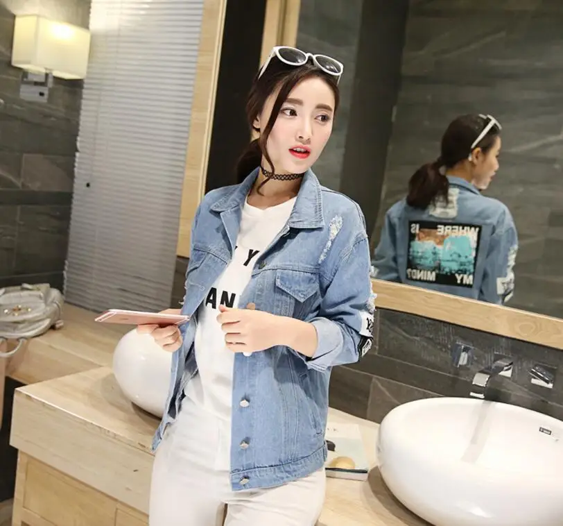 Корейская Свободная джинсовая куртка в стиле ретро с потертостями и вышитыми