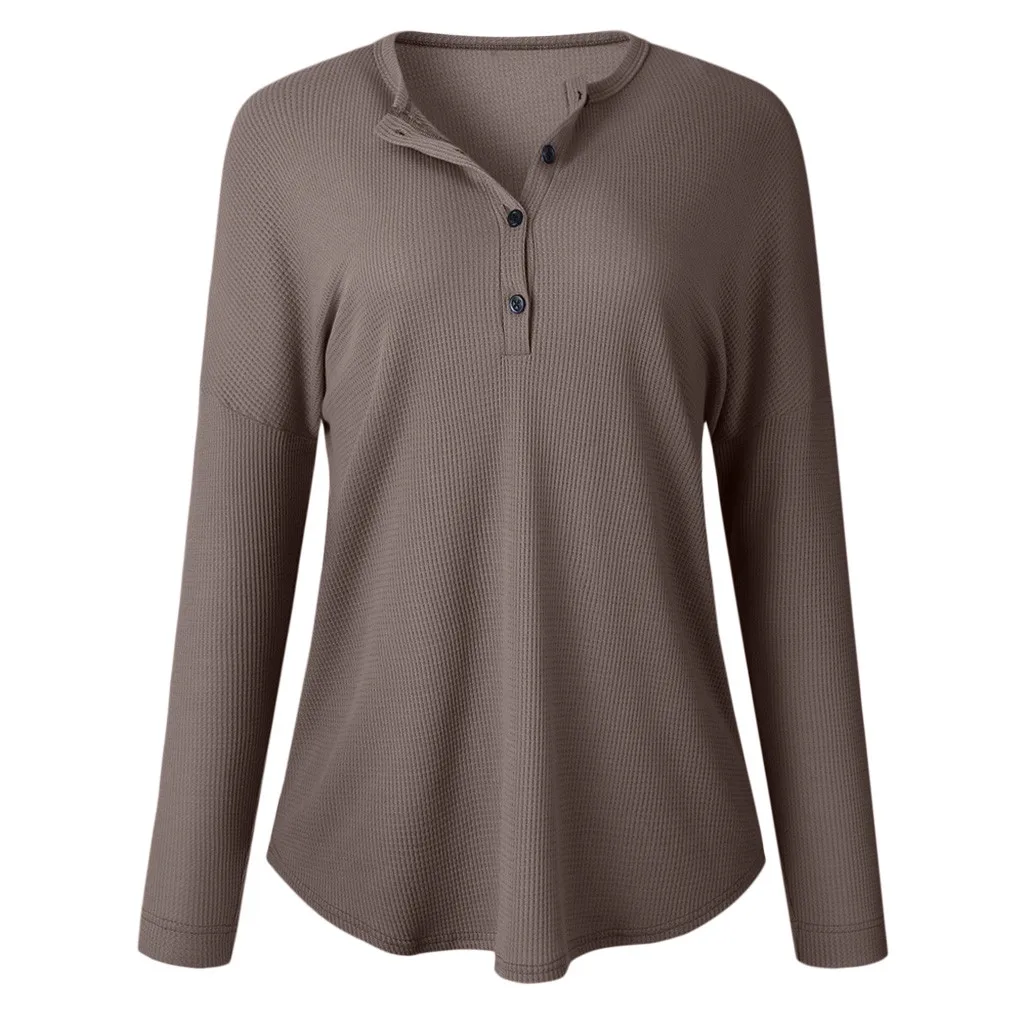 FREE OSTRICH Women's Solid Color Knit Button Long Sleeve T-Shirt V-neck tops Casual Fashion Loose Shirt plus Size | Женская одежда