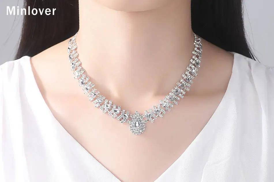 Minlover Серебряный Цвет Кристалл Свадебные Ювелирные наборы для женщин роскошные стразы серьги браслет ожерелье набор TL001+ SL022