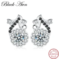 black awn genuine 100 925 sterling silver jewelry black spinel stone flower wedding stud earrings for women t143