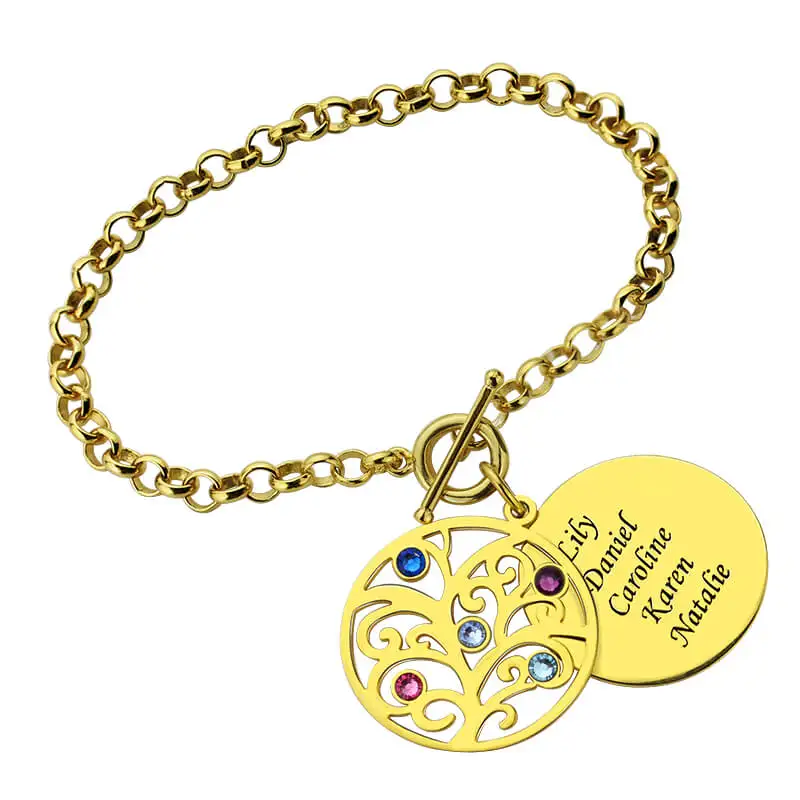 

Wholesale Gold Color Engraved Family Tree Bracelet with Birthstones Disc Mother&Birthstone Bracelet Family Tree Jewelry