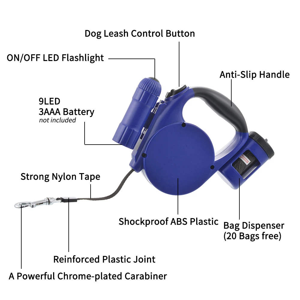 High Quality 5M Retractable Dog LED Leashes Strong Pet Lead With Garbage Bag Dispenser Quaity Blue Black Portablr Leash | Дом и сад