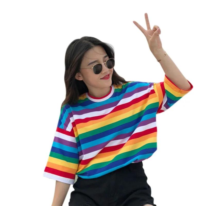 

ROPALIA Women Tees Sweet Rainbow Striped Print T Shirts Fashion Short Sleeves T-shirts Women's O-Neck Tees Tops