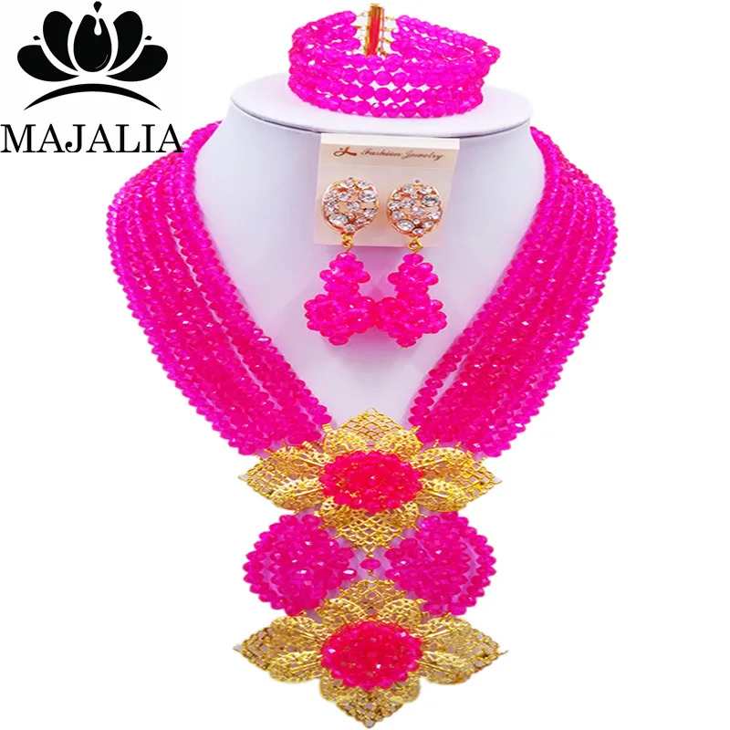 

Majalia Classic Nigeria Wedding African Beads Jewelry Set Hot pink Crystal Necklace Bracelet Earrings Free Shipping 6SO012
