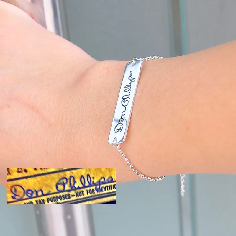 925 Solid Silver Personalized Name Bracelet Engraved Signature Tag Memory Handwriting Jewelry pulseira