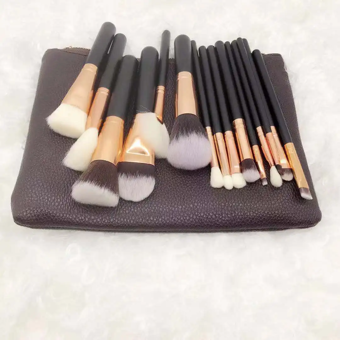 15 Cosmetic Brushes Set Rose Gold Black Wood Handle with Tools | Красота и здоровье