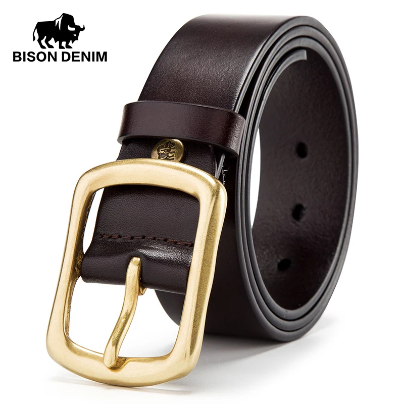 BISON DENIM Men Belt High Quality Cow Genuine First Layer Cowskin Strap Fashion Luxury Copper Pin Buckle Male Belts For Jeans