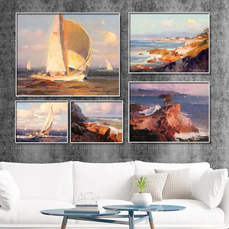 Home Decoration Print Canvas Wall Art Picture Poster Paintings Horizontal Modern oil painting Beach Sailboat Red Sky | Дом и сад