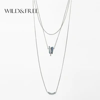 women silver plated 3 fayer necklace pendant vintage blue natural stone leaf pendant collar necklace jewelry for lovers