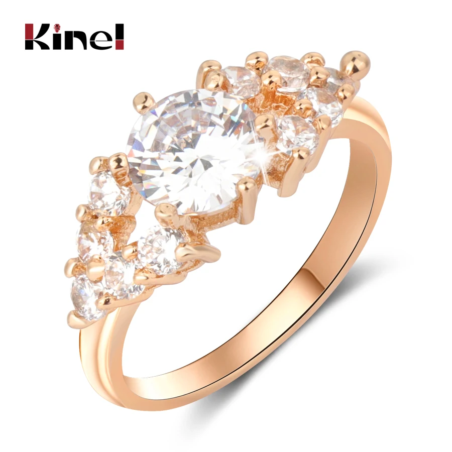 Женское кольцо с кристаллами Kinel, обручальное ювелирное изделие цвета розового золота, роскошные кольца с цирконием