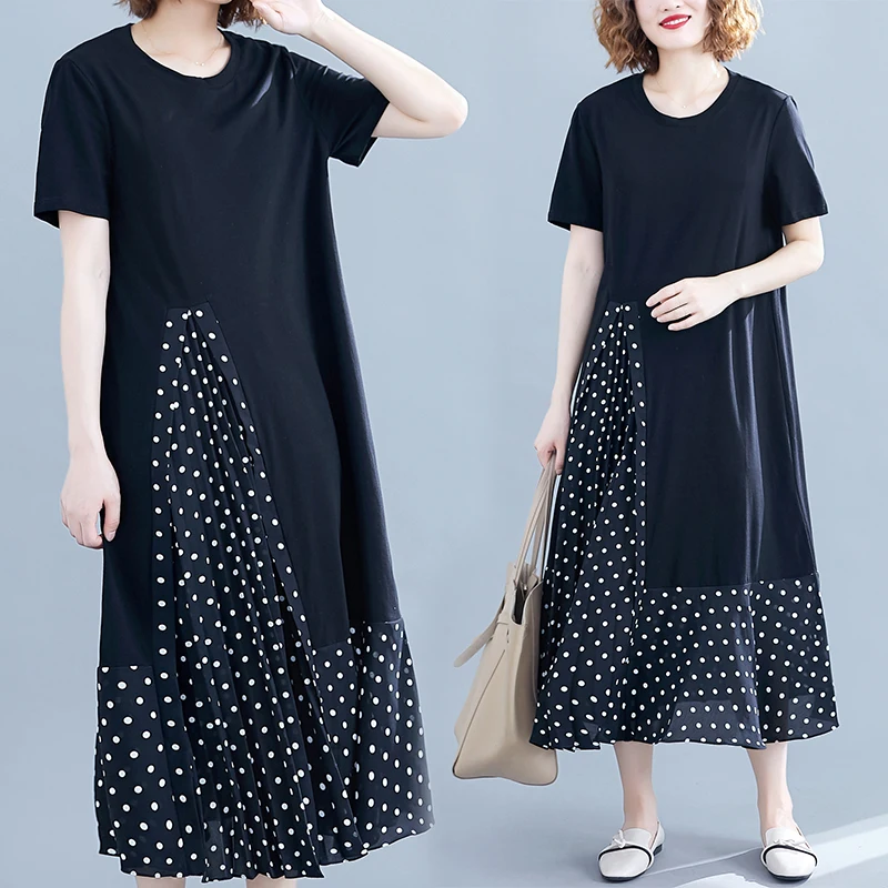 Длинное лоскутное платье трапеция в горошек размера плюс повседневное женское