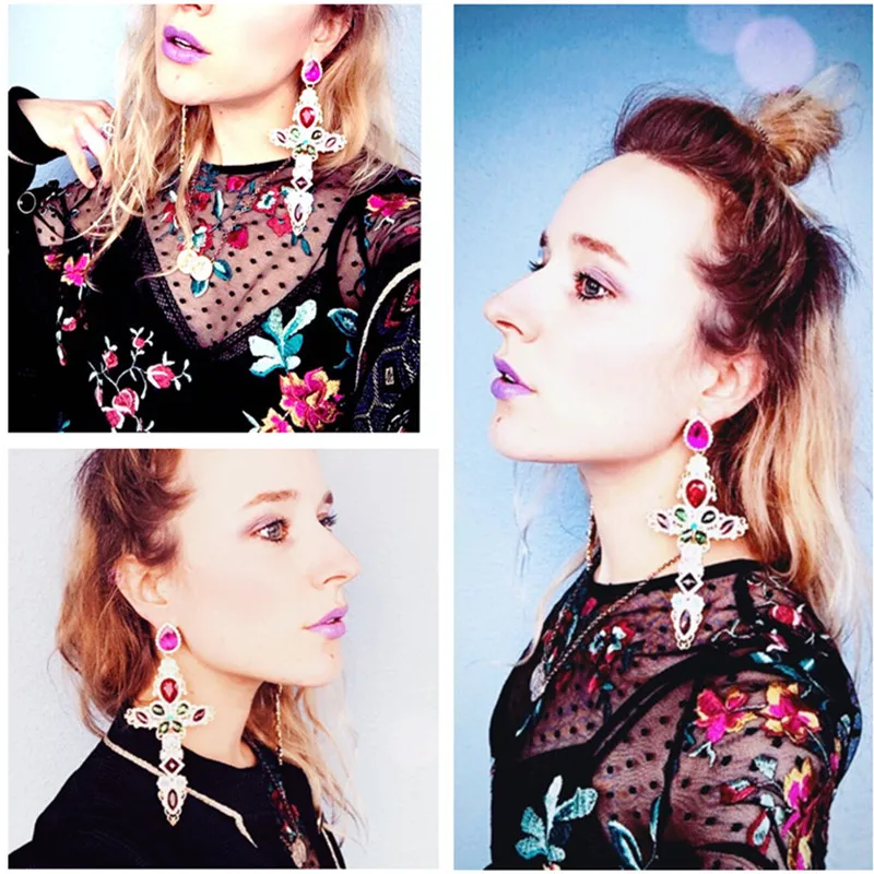 Gorgeous Gothic Rhinestone Crystal Big Cross Earrings for Women Fashion Baroque Drop Dangle Ethnic Jewelry | Украшения и
