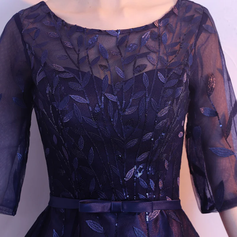 Robe De Soiree/темно синее вечернее платье с круглым вырезом и короткими рукавами