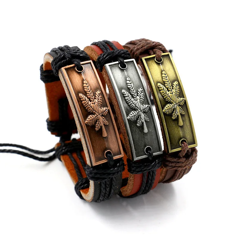 Кожаный браслет Женщина Мужчина Кленовый лист Ретро Женщины Мужчины Байкерские Пульсиры Masculina Пульсера Омбреццо Уомо Билеклик Эркек.