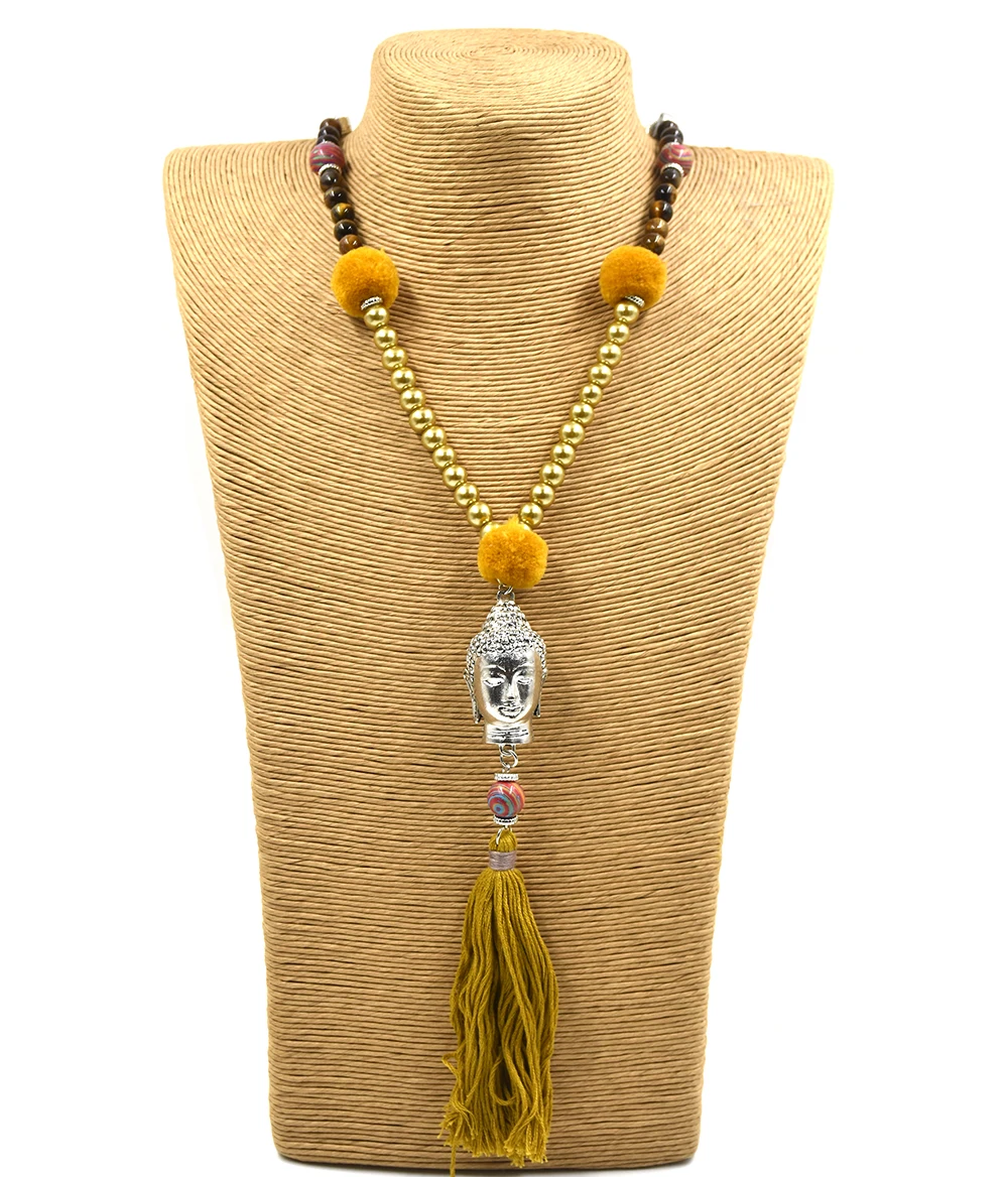 

Handmade vintage rosary Glass beads chains long tassel necklace Buddha pendent necklace Tibetan 3D Buddha Buddhism necklace