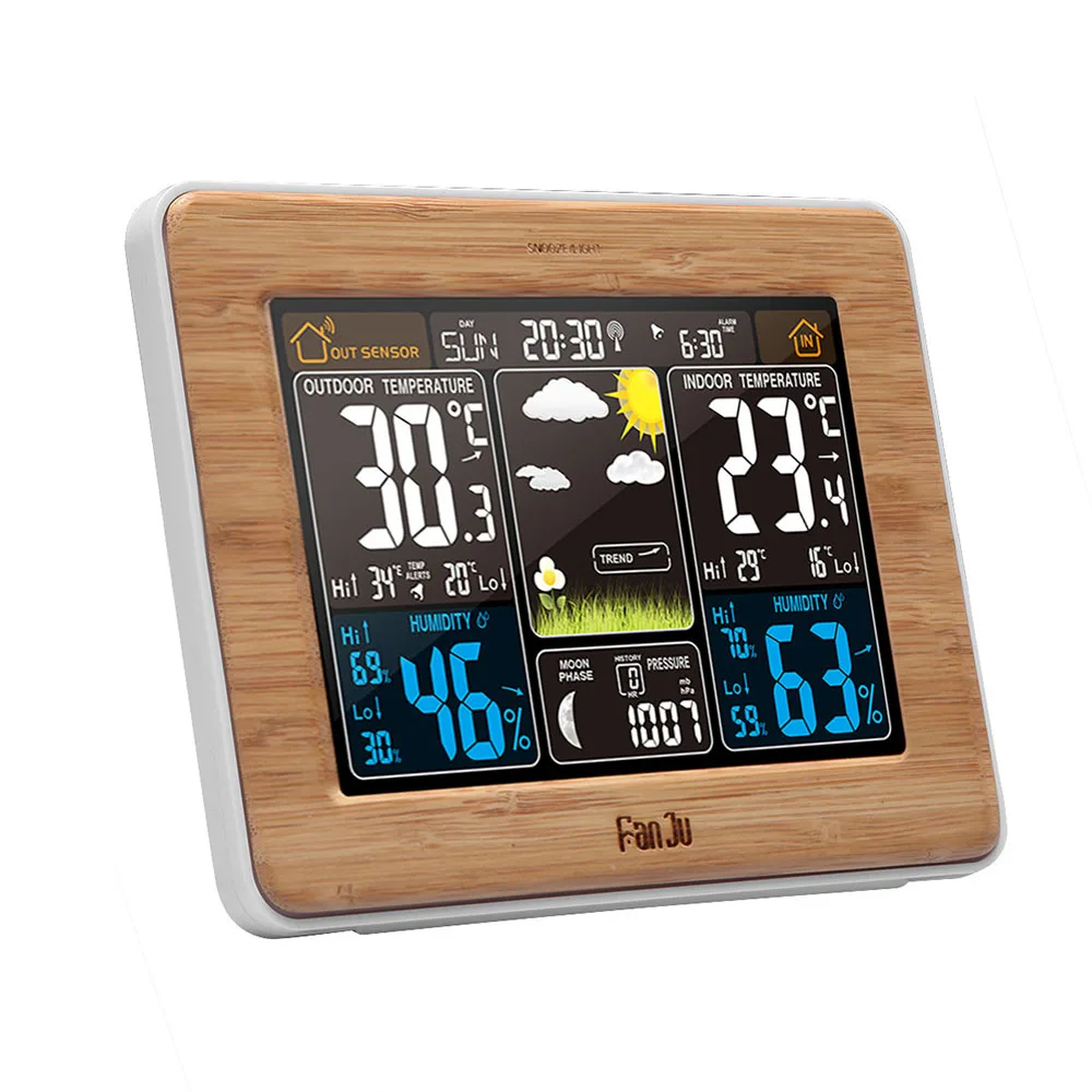 Bamboo-US Plug FanJu FJ3365 EU/US Plug Метеостанция Многофункциональные цифровые часы температура влажность Луна фаза настольный ЖК-будильник - Цвет: Bamboo-US Plug