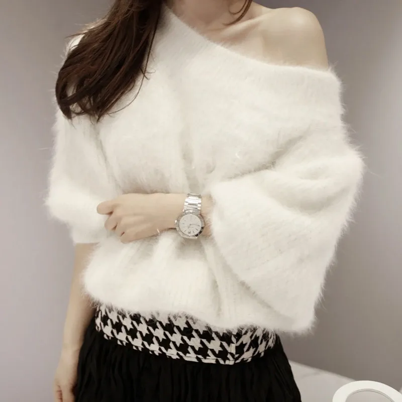 Off Shoulder Ladies Thick Oversized Sweaters Women Winter Pullovers Mink Cashmere Pull Femme Mohair Sweater Knitted Pullover S50 | Женская