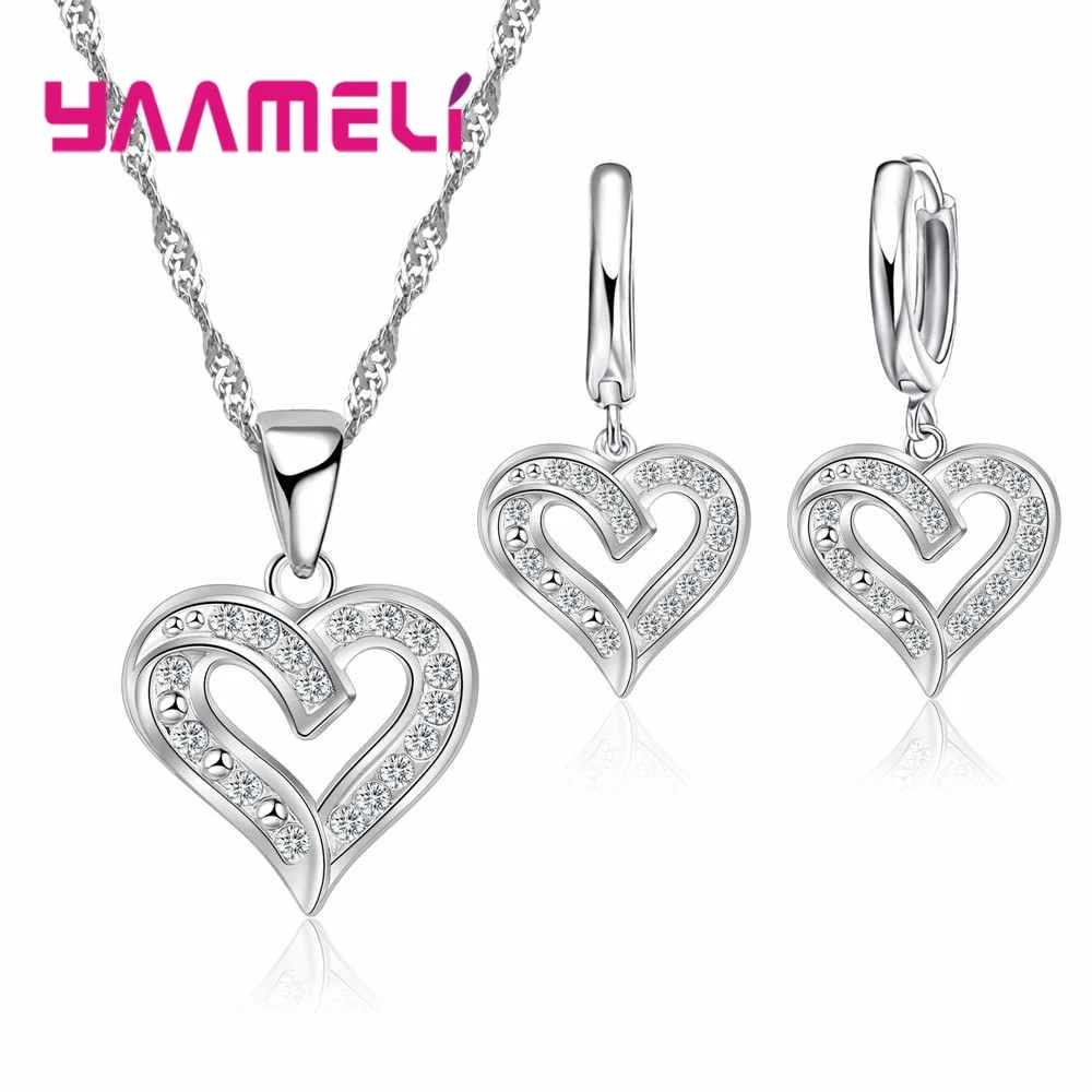 

Newest Heart Shape 925 Sterling Silver Women Girls Accessories Jewelry For Party Necklace Earrings Sets High Quality