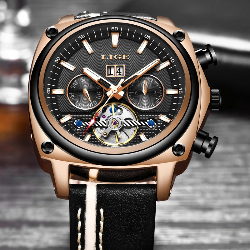 LIGE Брендовые мужские часы автоматические механические Tourbillon спортивные кожаные