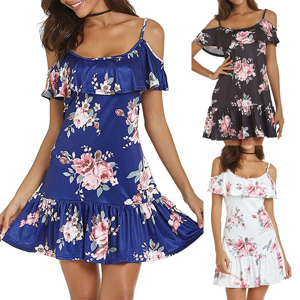 Женское летнее платье с открытыми плечами и цветочным принтом мини на бретельках