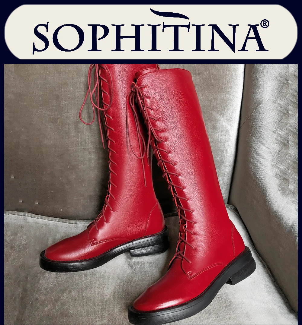 SOPHITINA/Сапоги женские. Новинки. Модные женские сапоги из натуральной кожи на квадратном каблуке и толстой подошве. Базовая однотонная обувь со шнурками впереди. Стильные женские сапоги на низком каблуке. SO195