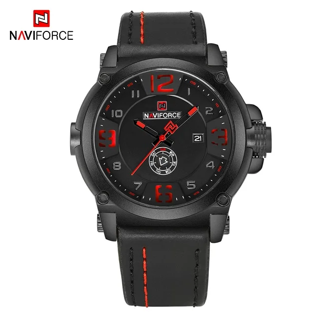 Black Red NAVIFORCE мужские часы лучший бренд класса люкс кварцевые часы военные аналоговые Мужские часы повседневные кожаные водонепроницаемые наручные часы - Цвет: Black Red