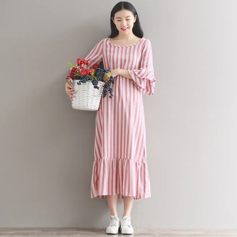 Vestidos Mujer весенне-летнее платье хлопковое льняное для девочки в полоску с рукавом