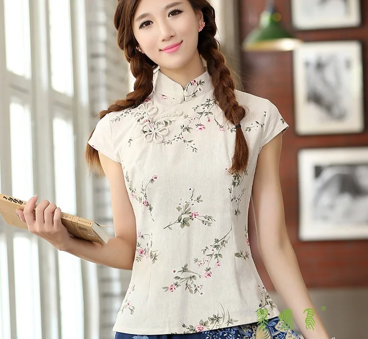 

Shanghai Story New arrival woman chinese traditional top Floral print cheongsam top traditional Chinese Linen blouse