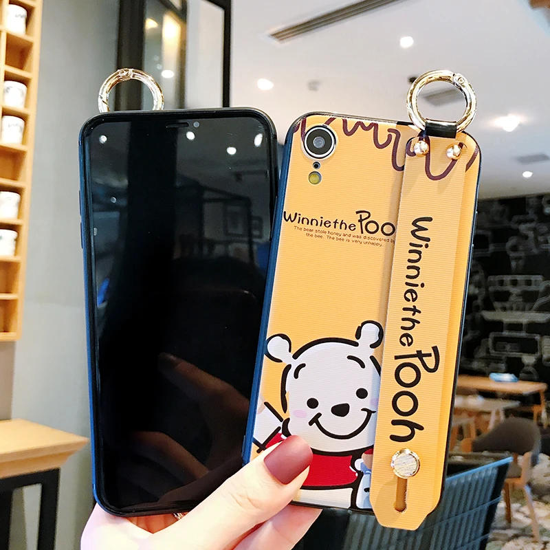 Чехол для телефона с милым медведем поросенком из мультфильма для iPhone 8 7 6 6s Plus X XR Xs Max, Матовая силиконовая задняя крышка с браслетом