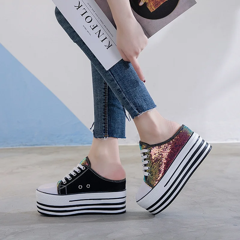 

Summer Bling Sequins Women High Platform Wedge Shoes Height Increasing Casual Shoes Female Thick Sole Breathable slippers B084