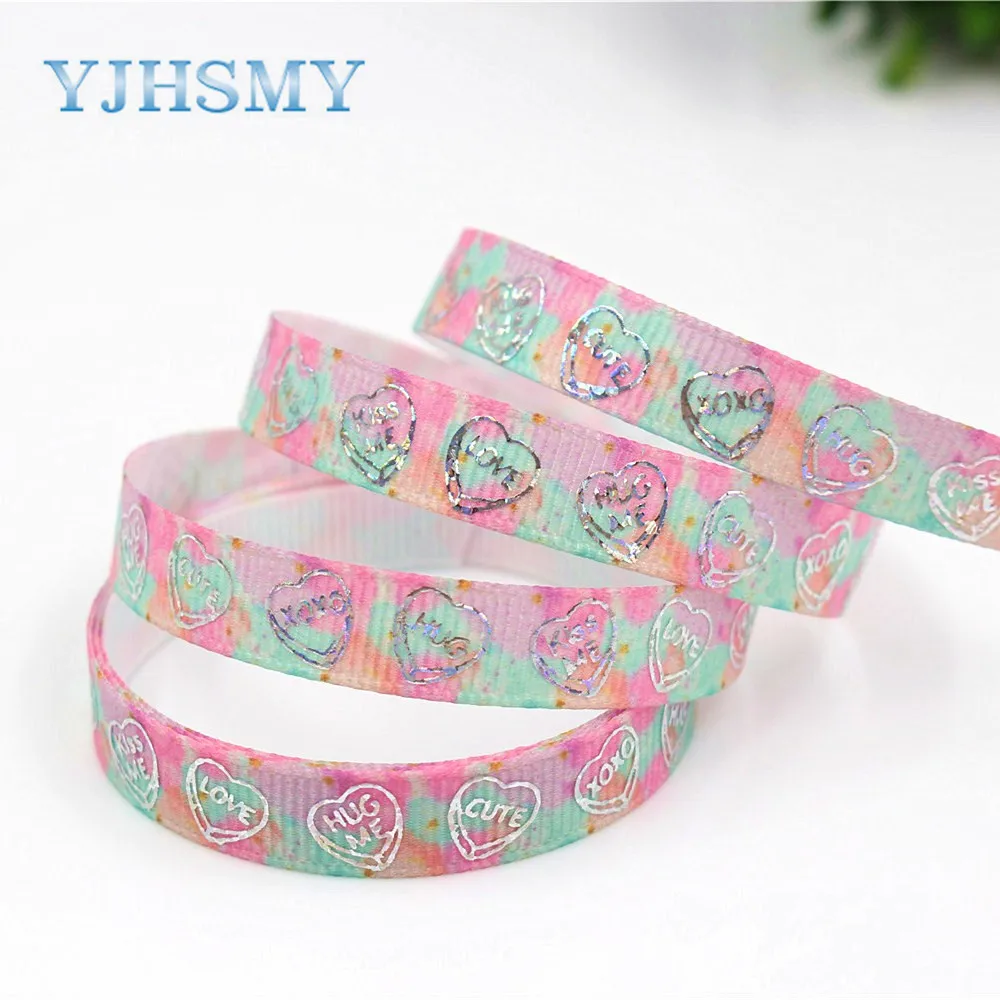 YJHSMY G-18609-379 10 мм 10 ярдов Лазерная Серебряная в форме сердца любовь печатная лента гросгрен DIY головной убор свадебный подарок обертывание