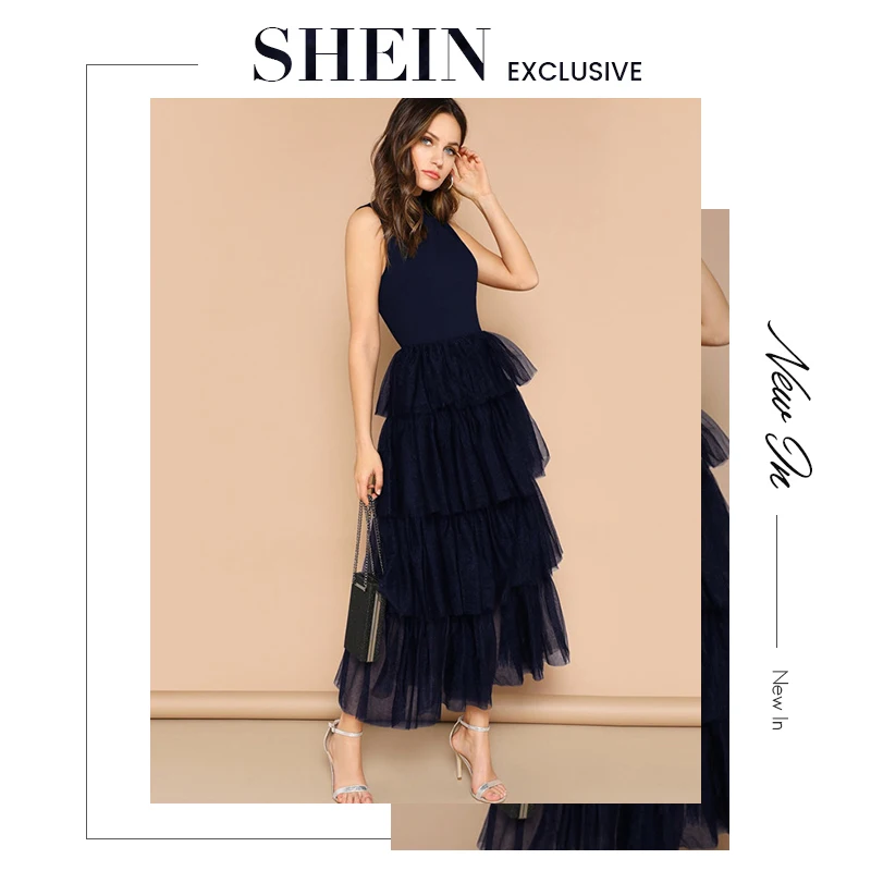 SHEIN модное многослойное платье макси с оборкой на воротнике, без рукавов, со стоячим воротником, гламурные вечерние платья с высокой талией, летнее платье