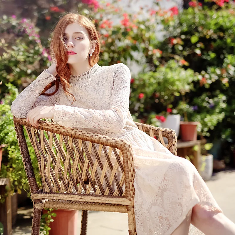 Fasion lace O-neck elegent apricot dress female Casual cute Women Party Long Dresses Sleeve top grade sexy S-XL | Женская одежда