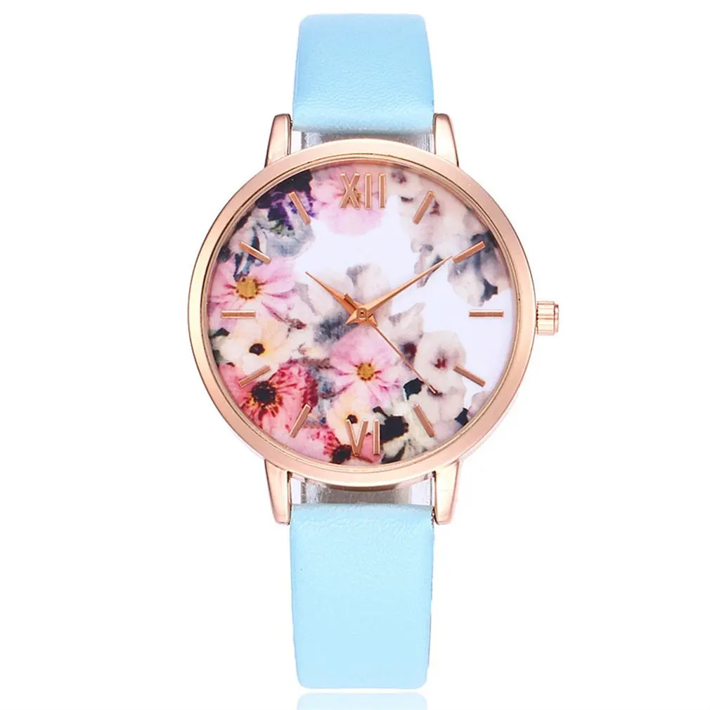Часы женские кварцевые с кожаным ремешком простой дизайн цветочным узором