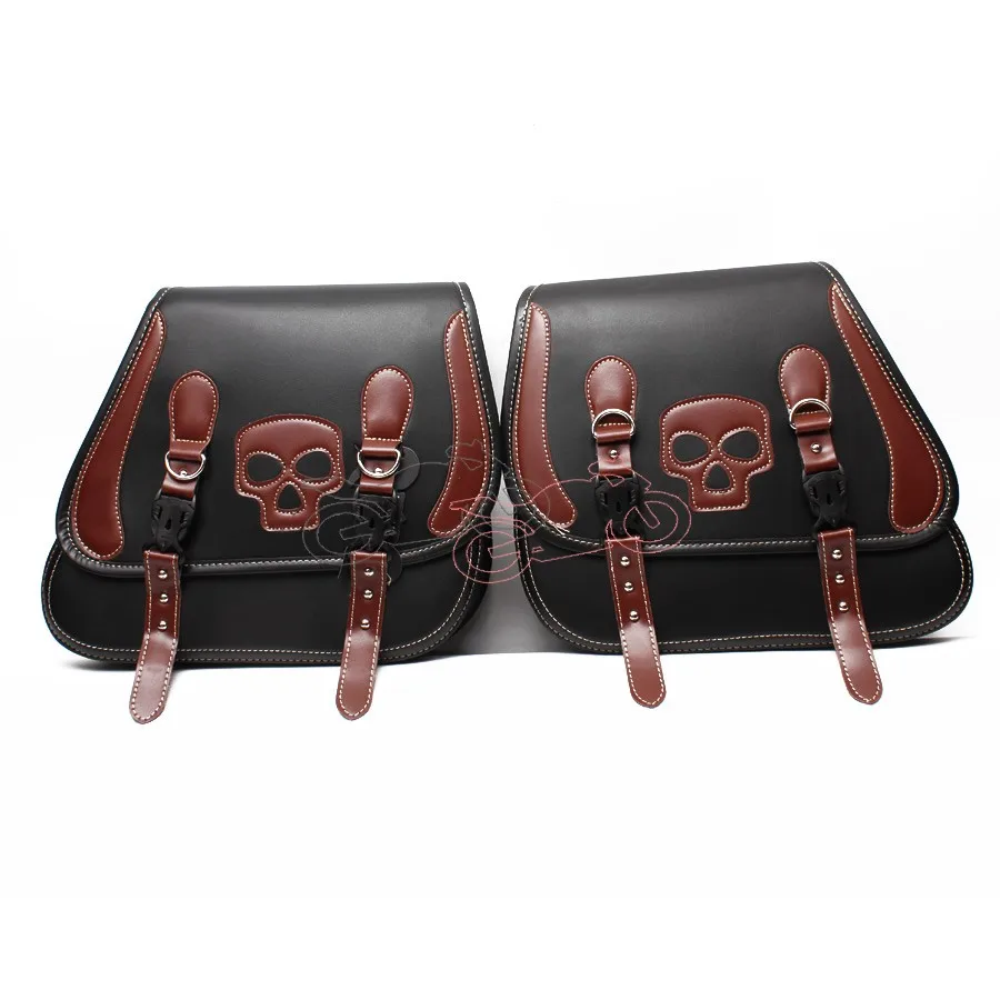 

Old School Black Skull Logo PU Leather Saddle Bag Motorcycle Luggage Left+Right Side Tool Bag Universal for Honda Suzuki Harley