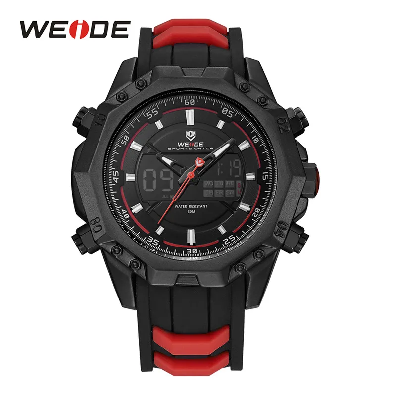 WEIDE Часы Мужчины LCD Аналоговый Цифровые Задняя Подсветка Японский Механизм MIYOTA Оригинальная Батарея Хардлекс Негабаритный Циферблат Силиконовый Ремешок Кварцевые Водонепроницаемые Черные Наручные Мужские Часы - Цвет: red strap