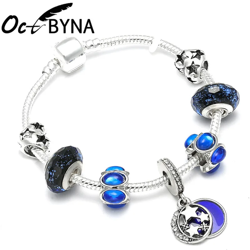 OCTBYNA, звездное небо, серебряная цепочка, очаровательный браслет для женщин, романтичный синий браслет с бусинами, браслет, Брендовое ювелирное изделие, подарок для девочки - Окраска металла: C6