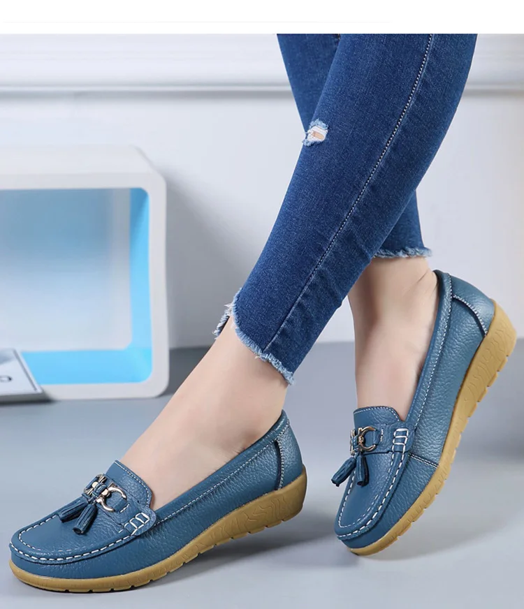 Fashion Shoes Women Genuine Leather Shoes Woman Fashion Casual Wedge Loafers Shoes Slip-on Round Toe Shoe For Women Mocasin