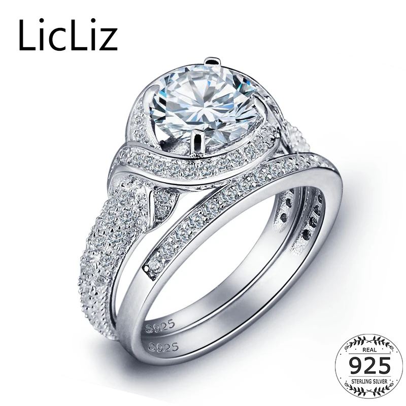 

LicLiz 925 Sterling Silver Flower Rings Women Pave CZ Zirconia Wedding Bridal Ring Sets Halo Solitaire Ring Eternity Band LR0503