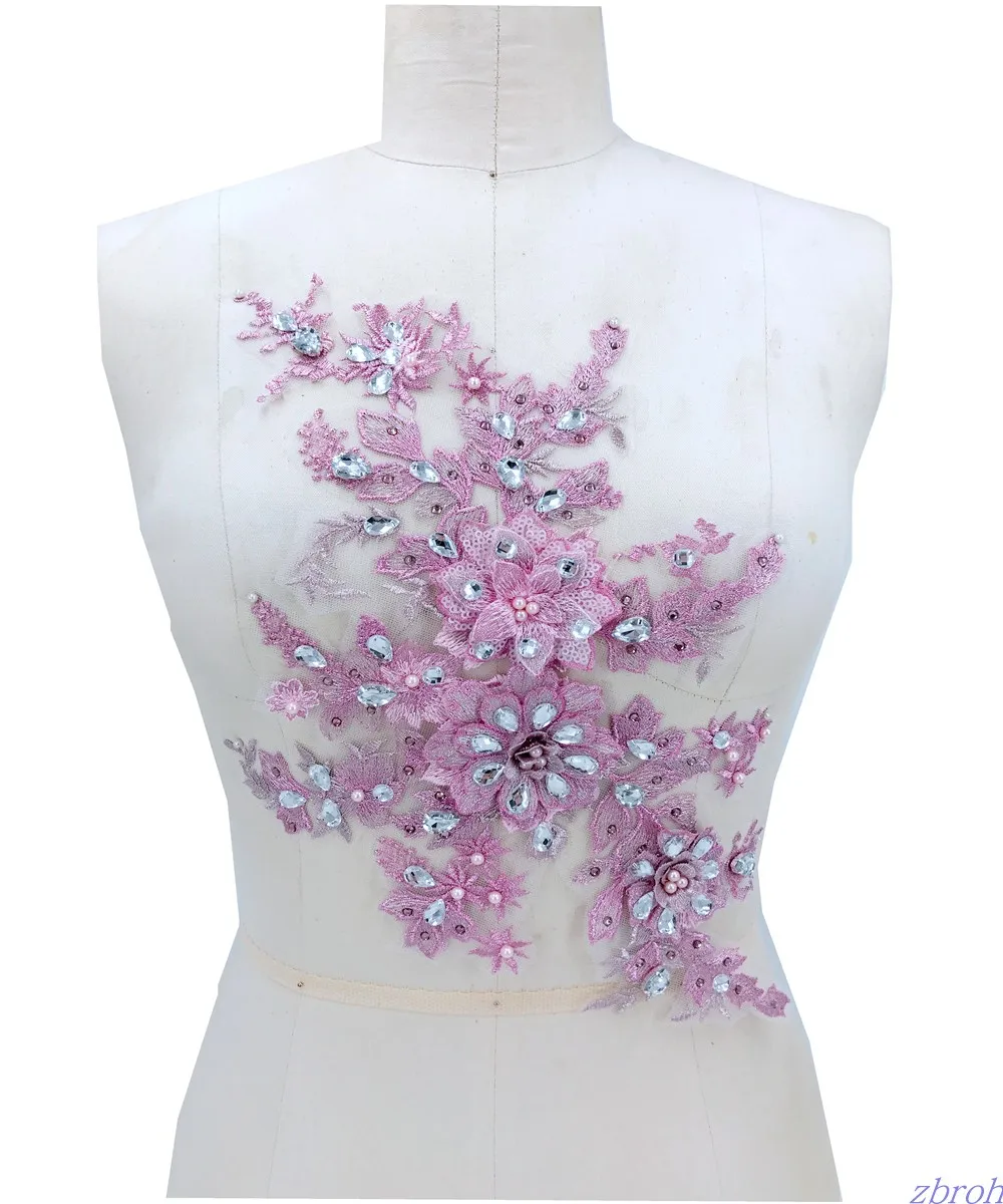 

handmade lilac Hot drilling Rhinestone beaded lace embroidery patch applique wedding dress bordados DIY Performance clothing