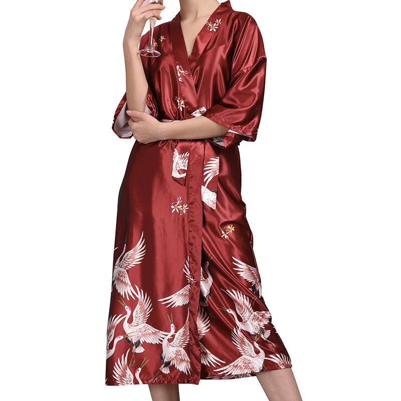 Burgundy robe Атласные халаты для невест Свадебный халат для сна Шелковая пижама банный халат животного Искусственный Длинные женские кимоно XXXL - Цвет: Burgundy robe