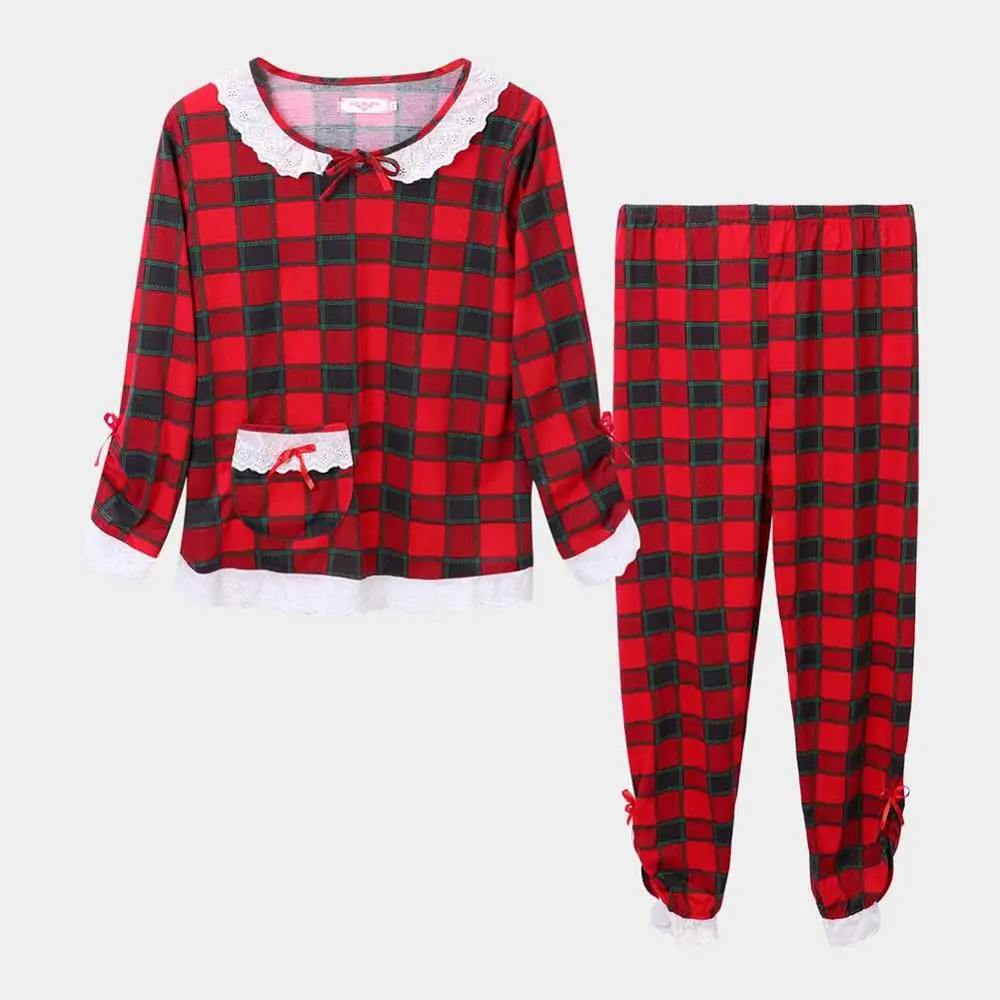Pajamas-Multi DANALA осень зима для женщин хлопок Рождество Плед пара пижамы наборы с длинным рукавом Круглый вырез кружево пижамы теплые домашние костюмы - Цвет: Pajamas-Multi