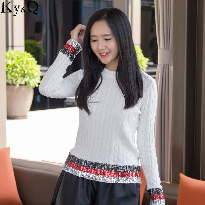 2019 Winter Runway White Knitted Sweaters and Pullovers Women Striped Sequin Sweet Female Ladies korean Jumper Tops Clothing | Женская