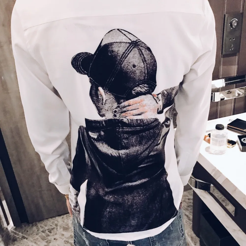Осенняя мужская рубашка с принтом Camisa Hombre Повседневная приталенная рубашка Мужская Уличная рубашка Camisas Hombre черный смокинг для ночного клуба