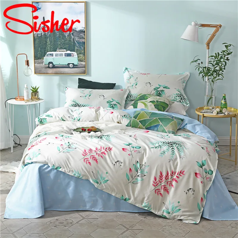 Blue3 Sisher Pastoral Green Leaf Print Duvet Cover Set Cotton Polyester Adult Comforter Bedding Sets Size Single Double Queen King - Цвет: Blue3