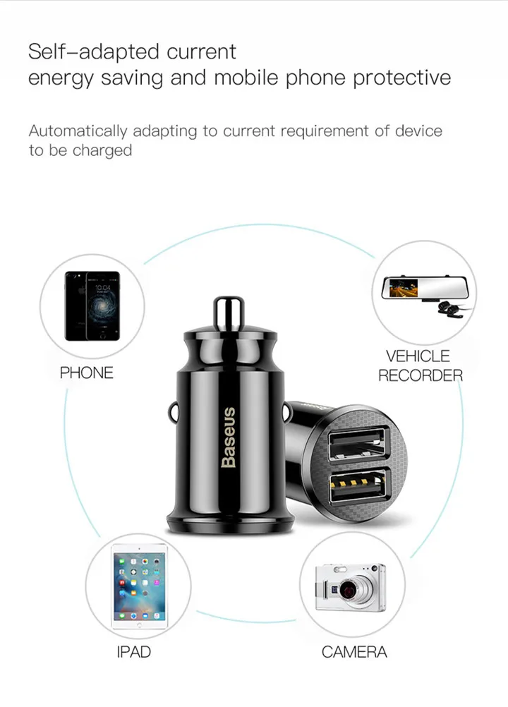 Baseus Mini Dual USB 12 В Автомобильное зарядное устройство 3.1A Быстрая зарядка 2 порта USB для телефона быстрое зарядное устройство Автомобильное USB гнездо адаптер автомобильный аксессуар
