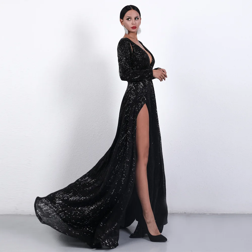 

Sexy vintage prom dresses long sleeves A line scoop neck brown black high split sequin floor length women formal party dress