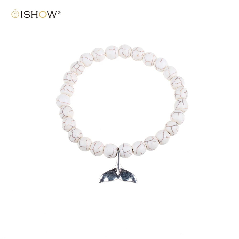 Натуральный белый Камни Браслеты круглый Бусины Silver-цвет рыбий хвост кулон Bohe